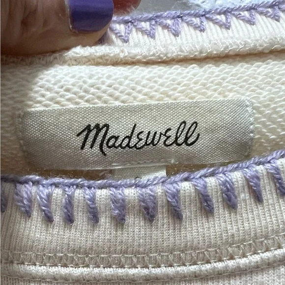 Madewell Stitched Shrunken Sweatshirt Cream Top with Lavender Stitching Small‎ - Picture 2 of 7